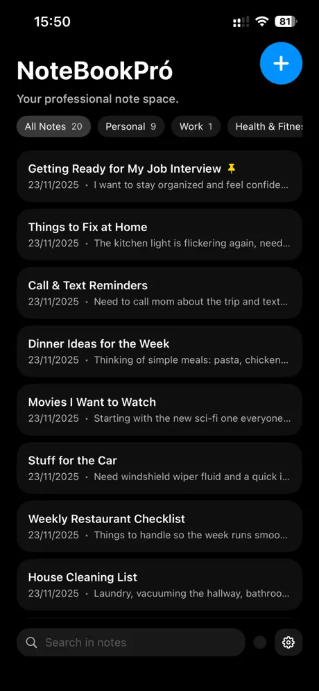 NoteBookpró screenshot: organization